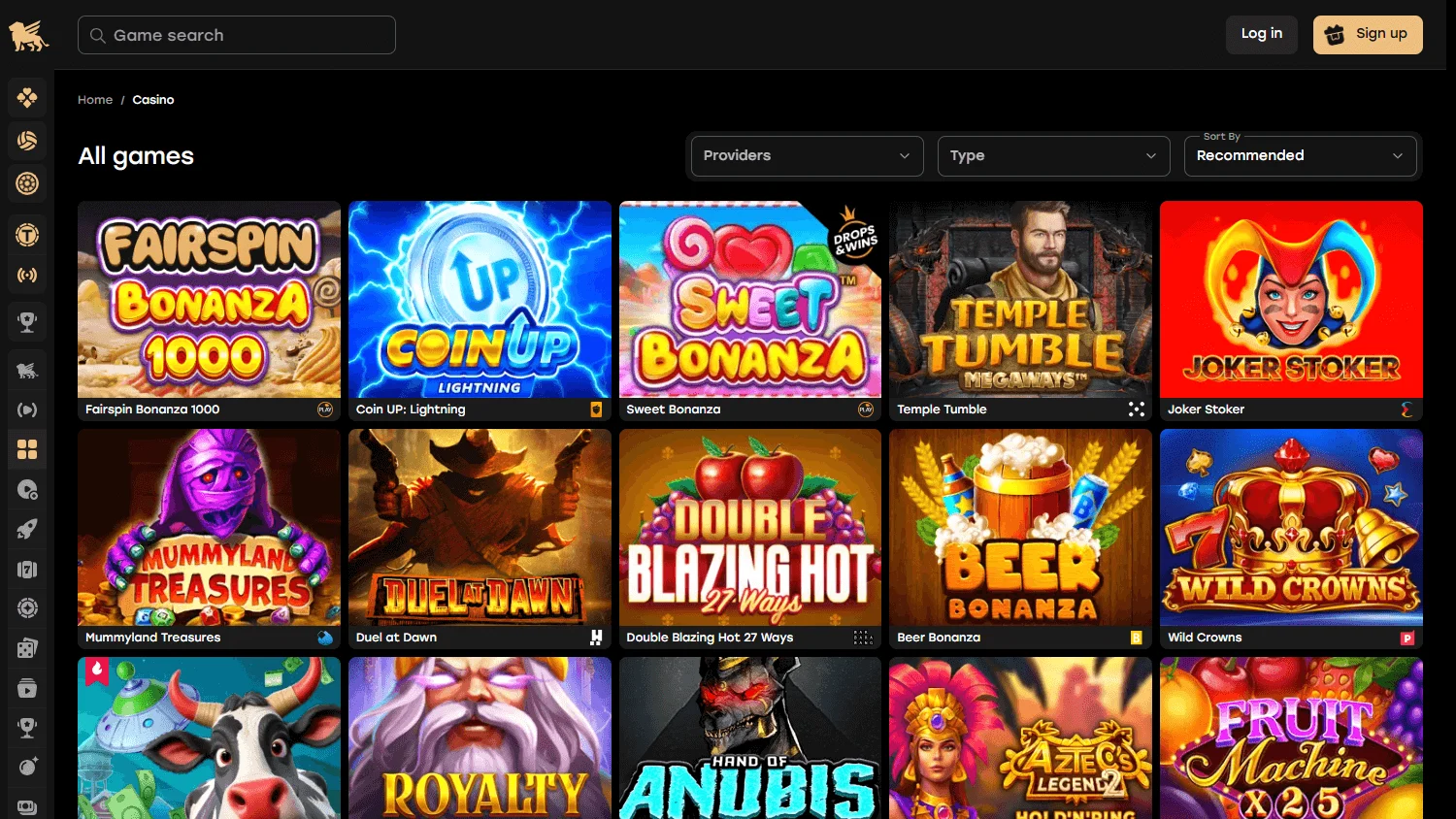 Fairspin Casino desktop game catalogue with slots, live dealer and casino games