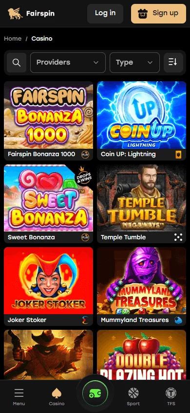 Fairspin Casino mobile browser game catalogue on a phone