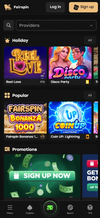 Fairspin Casino mobile browser home experience on a phone
